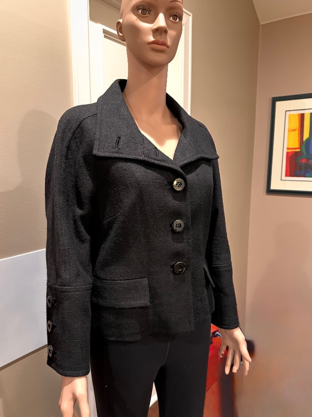 Carlisle Silk Woven Jacket Black Size 12 Convertible Collar 3-Way Wear Lux